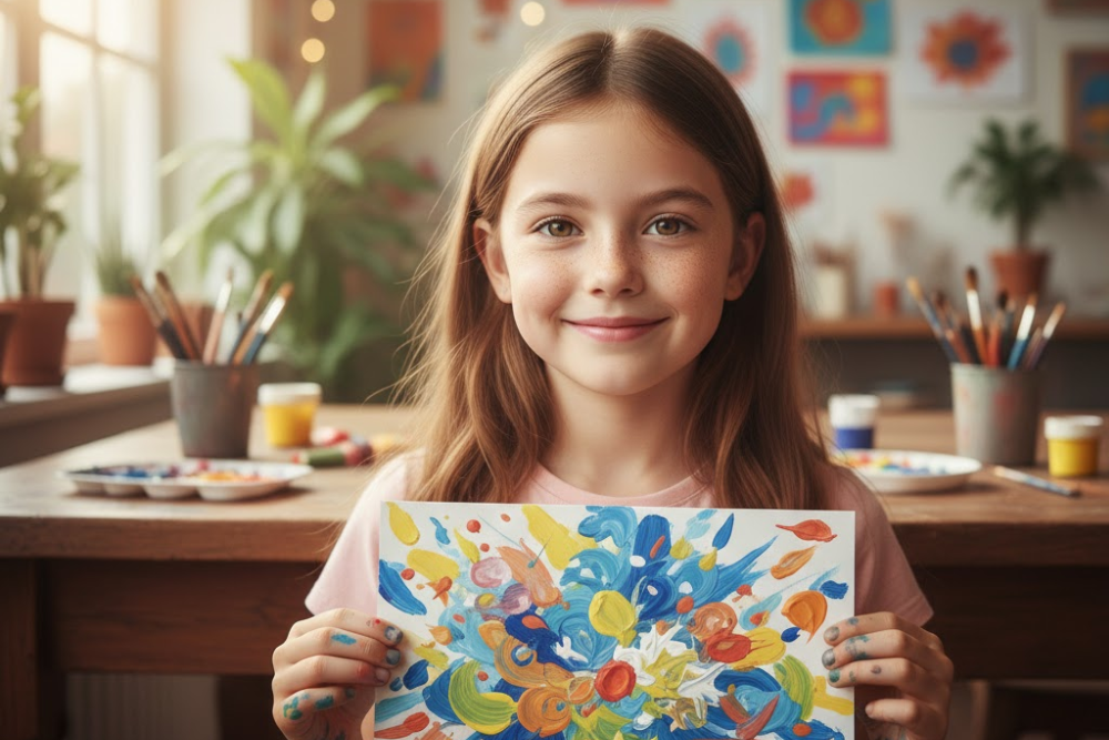 Enfant hypersensible épanoui après une séance d'art-thérapie à Houdan.