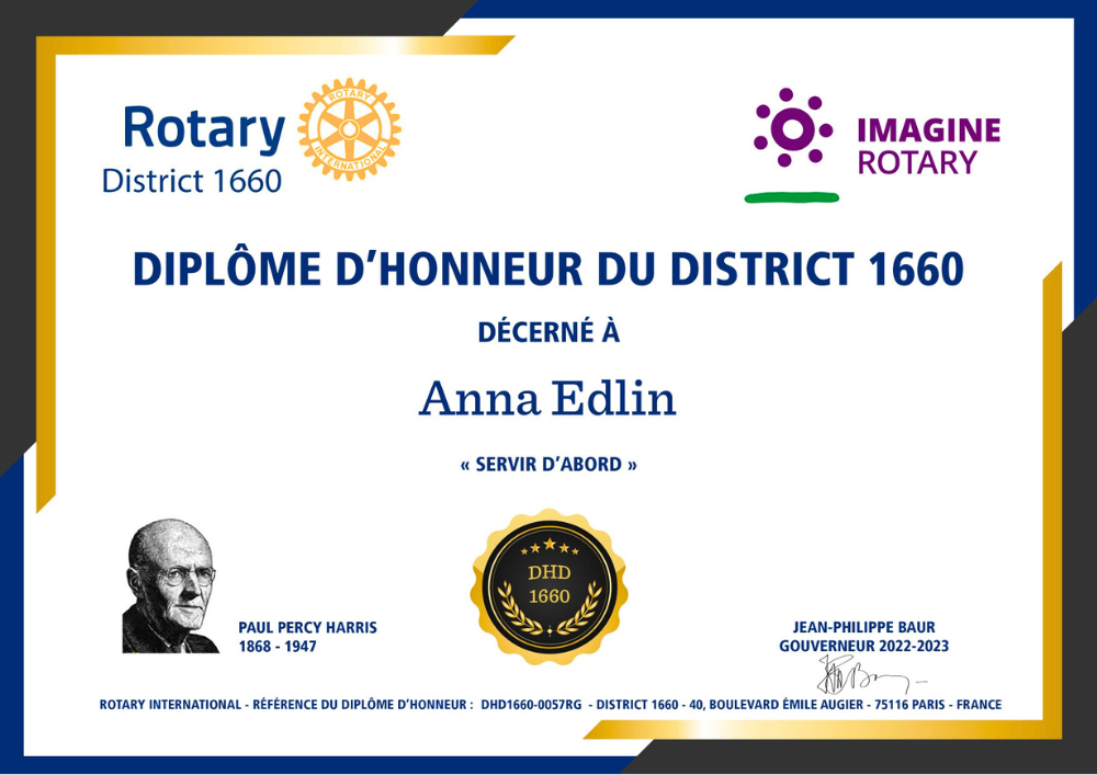 iplôme d'honneur du District 1660 remis à Anna Edlin pour son action associative.